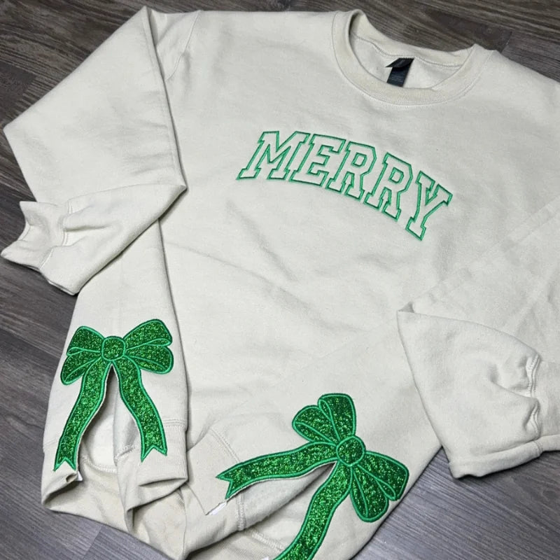 Personalized Green/Red Merry Christmas Bow Side Sweatshirt